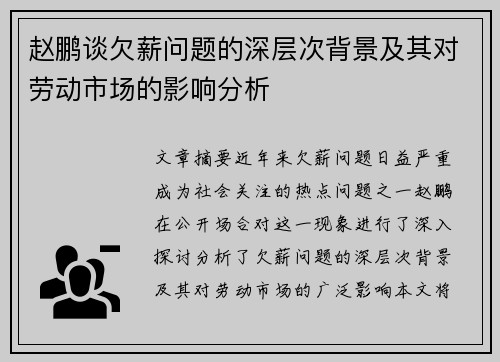 赵鹏谈欠薪问题的深层次背景及其对劳动市场的影响分析 赵鹏谈欠薪问题的深层次背景及其对劳动市场的影响分析